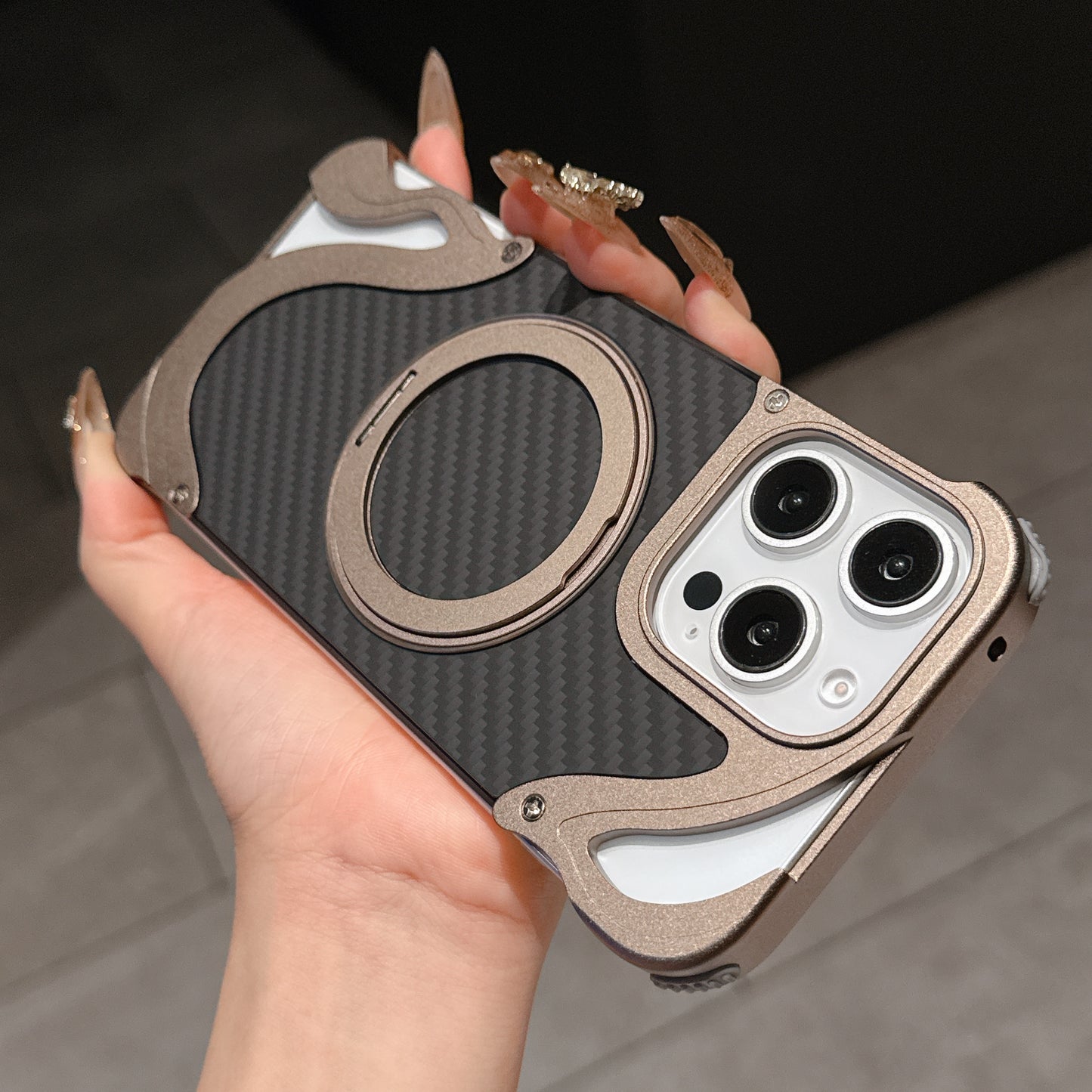 Armor King Dolphin Bezel-less MagSafe Pivot Ring Stand Aramid Fiber Metal Case Cover