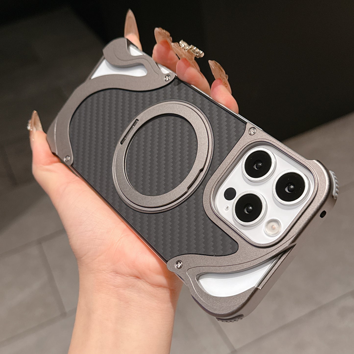 Armor King Dolphin Bezel-less MagSafe Pivot Ring Stand Aramid Fiber Metal Case Cover