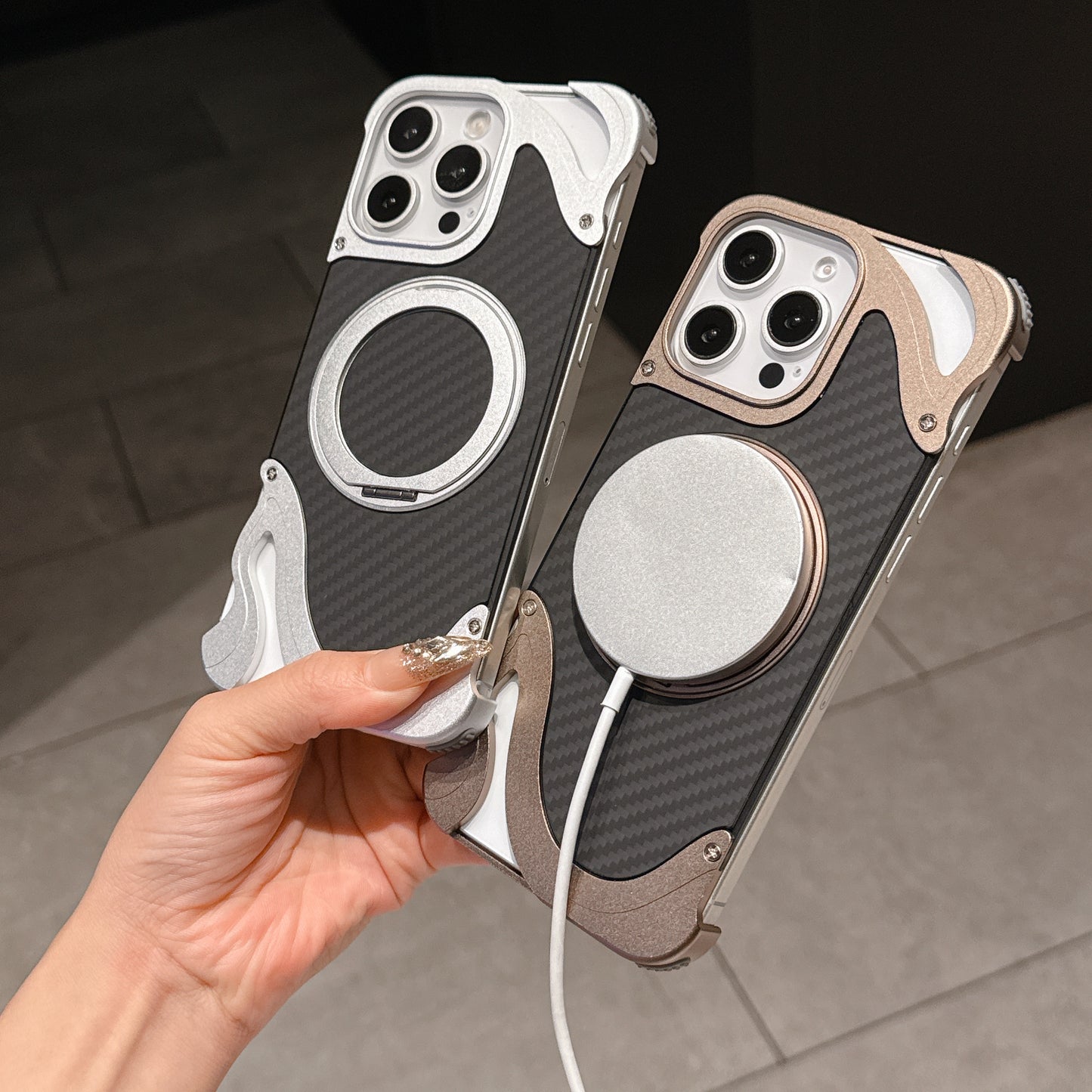 Armor King Dolphin Bezel-less MagSafe Pivot Ring Stand Aramid Fiber Metal Case Cover