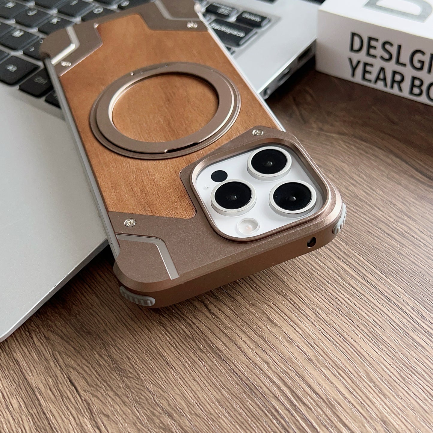 Armor King Bezel-less Armature MagSafe Pivot Ring Stand Metal + Walnut Wood Case Cover