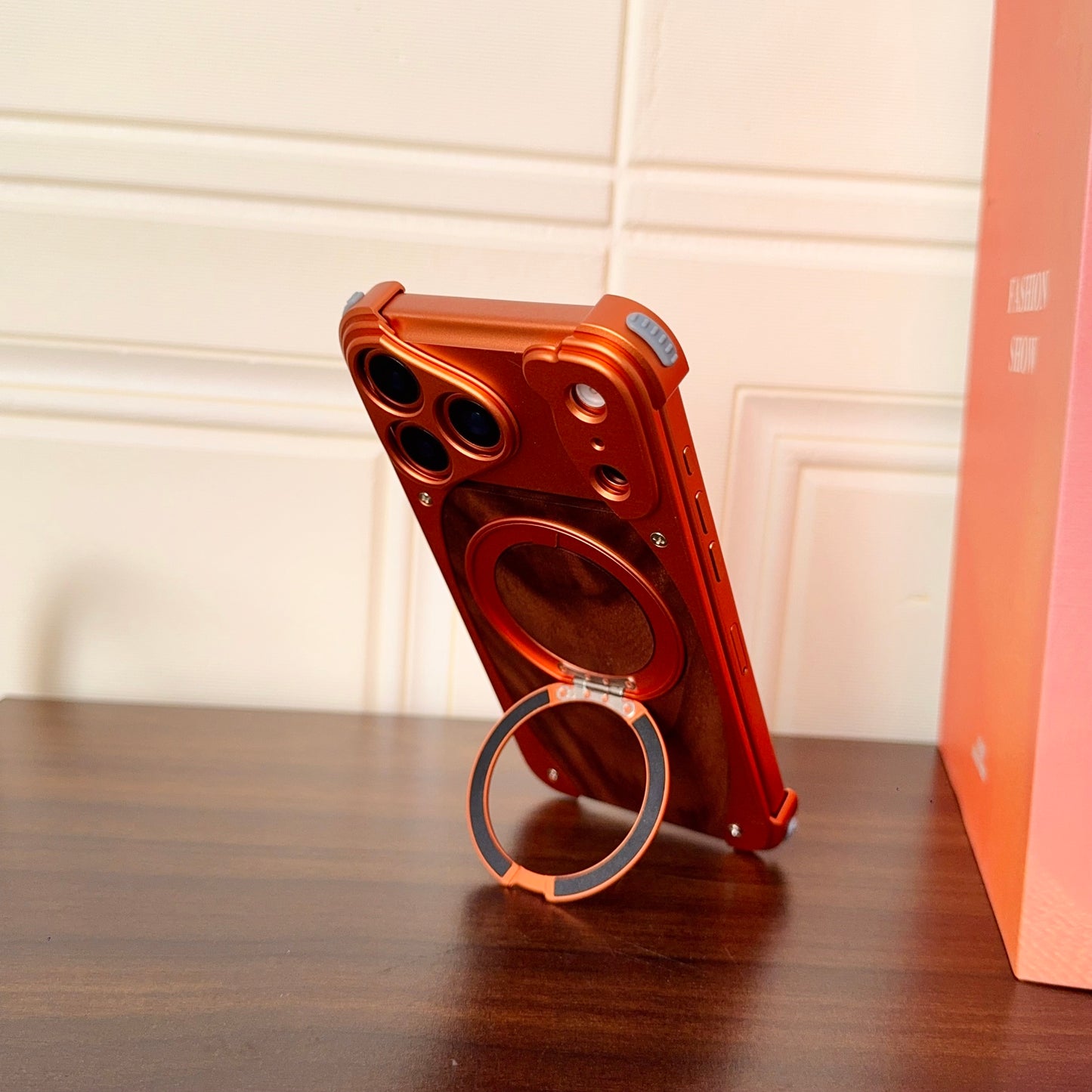 Armor King Stoat Bezel-less MagSafe Pivot Ring Stand Walnut Wood Metal Case Cover