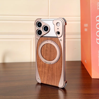 Armor King Stoat Bezel-less MagSafe Pivot Ring Stand Walnut Wood Metal Case Cover