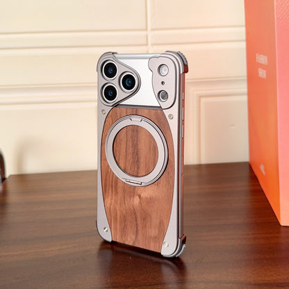 Armor King Stoat Bezel-less MagSafe Pivot Ring Stand Walnut Wood Metal Case Cover
