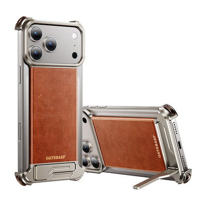 Oatsbasf Yilipi MagSafe Hidden Stand Genuine Leather Frameless Metal Case Cover