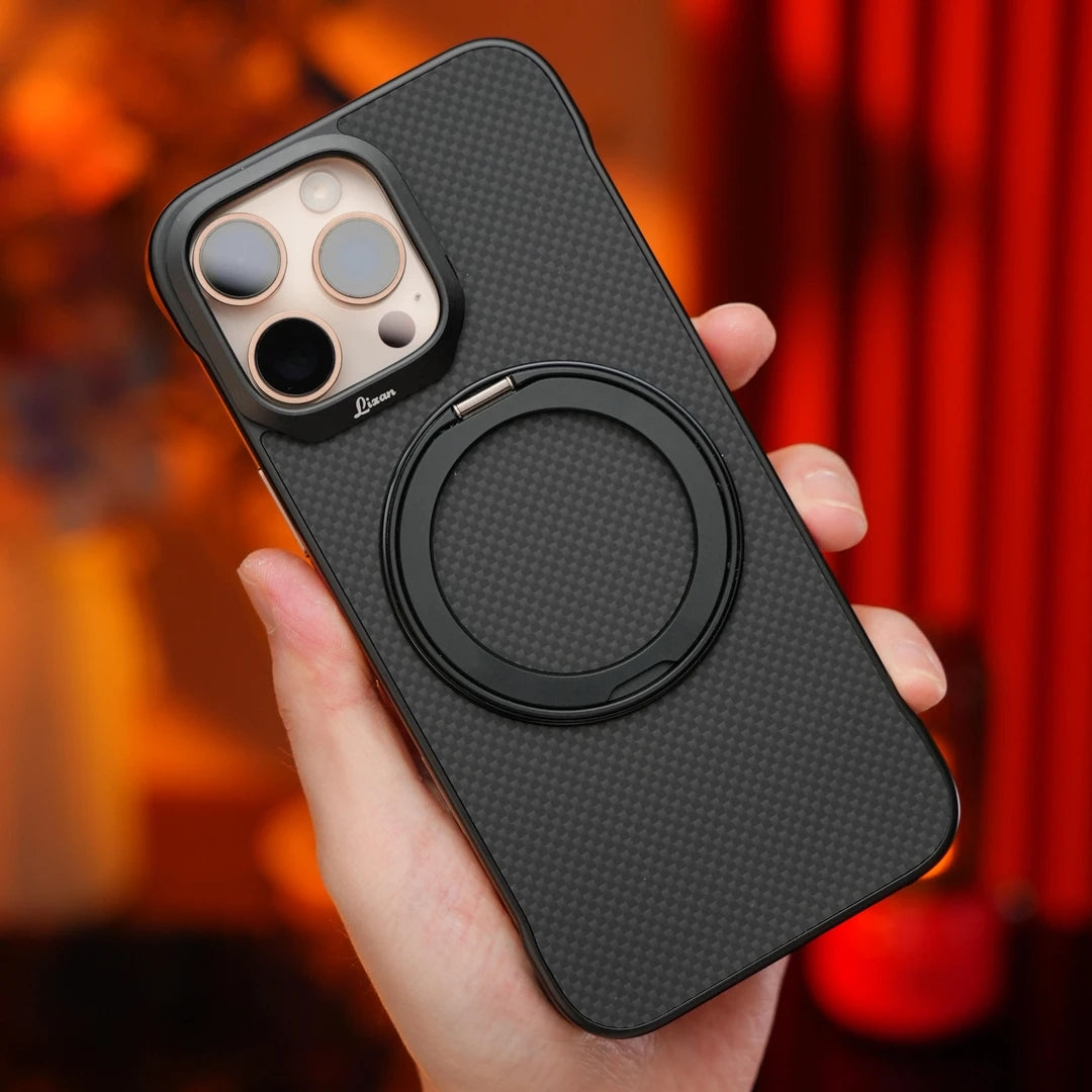 Armor King Bezel-less Aramid Fiber MagSafe Pivot Ring Stand PC Back Case Cover