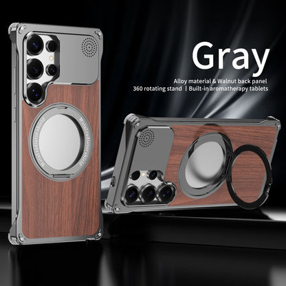 Armor King Aromatherapy MagSafe Pivot Ring Stand Walnut Wood + Metal Case Cover