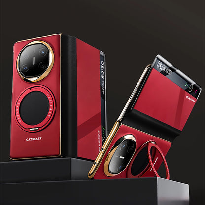 Oatsbasf Metal + Genuine Leather Smart Clear View Flip Cover MagSafe Bracket Case