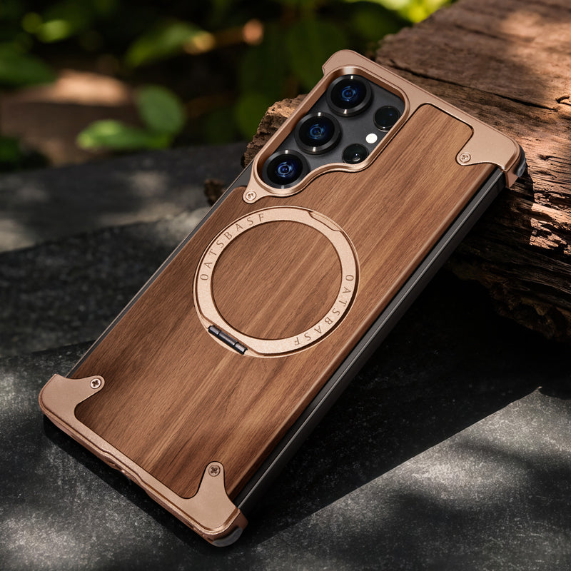 Oatsbasf MagSafe Pivot Ring Stand Air Cushion Metal + Walnut Wood Back Case Cover