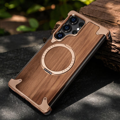 Oatsbasf MagSafe Pivot Ring Stand Air Cushion Metal + Walnut Wood Back Case Cover