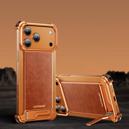Oatsbasf Yilipi MagSafe Hidden Stand Genuine Leather Frameless Metal Case Cover
