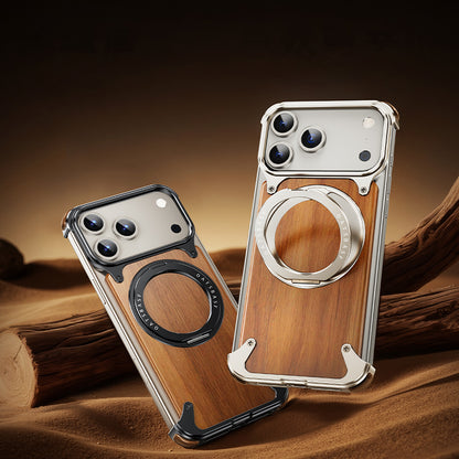 Oatsbasf MagSafe Pivot Ring Stand Air Cushion Metal + Walnut Wood Back Case Cover