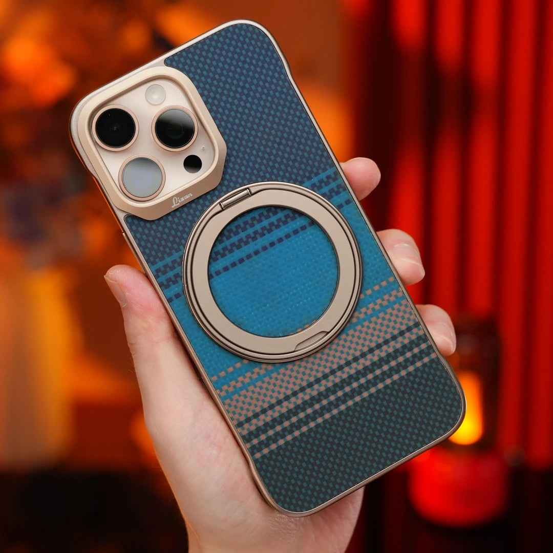 Armor King Bezel-less Aramid Fiber MagSafe Pivot Ring Stand PC Back Case Cover