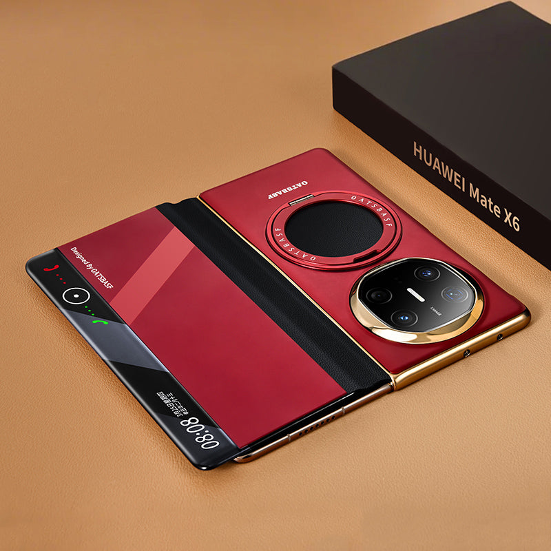 Oatsbasf Metal + Genuine Leather Smart Clear View Flip Cover MagSafe Bracket Case