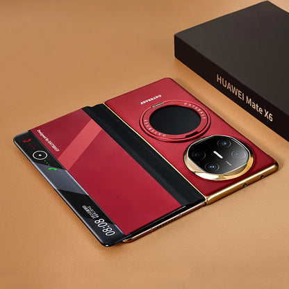 Oatsbasf Metal + Genuine Leather Smart Clear View Flip Cover MagSafe Bracket Case