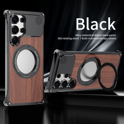 Armor King Aromatherapy MagSafe Pivot Ring Stand Walnut Wood + Metal Case Cover