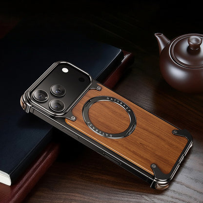 Oatsbasf MagSafe Pivot Ring Stand Air Cushion Metal + Walnut Wood Back Case Cover