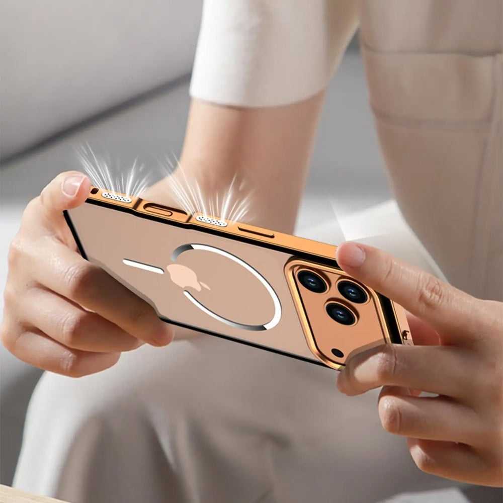 Armor King MagSafe Elastic Buckle Heat Dissipation Metal Bumper Frosted Acrylic Back Case Cover