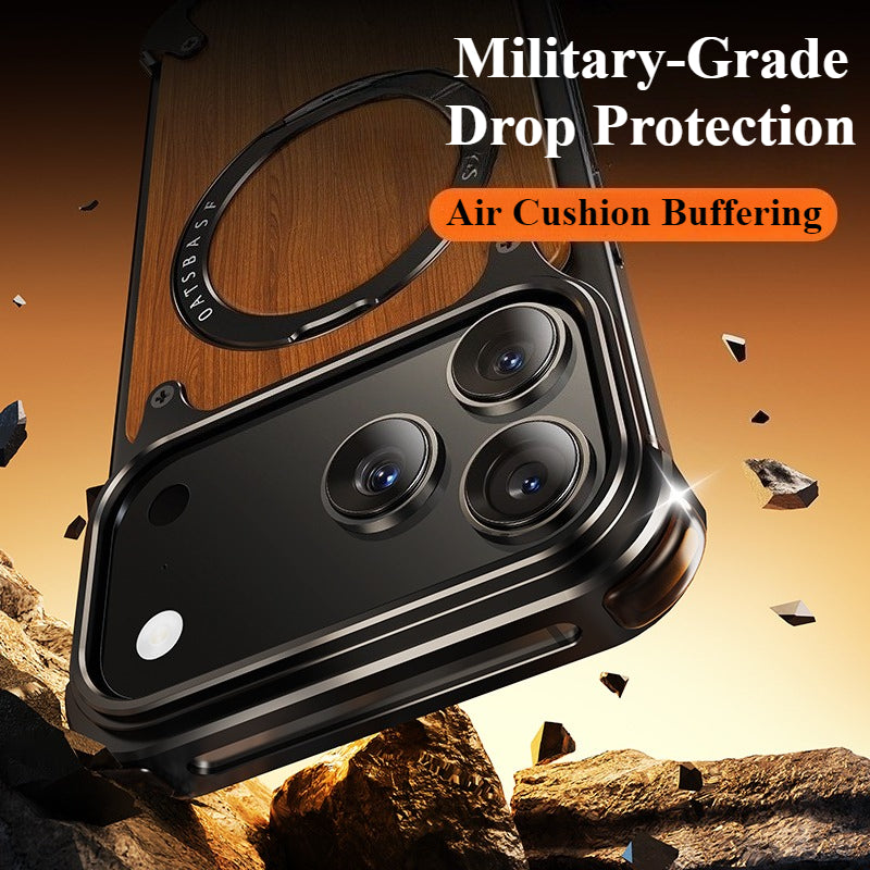 Oatsbasf MagSafe Pivot Ring Stand Air Cushion Metal + Walnut Wood Back Case Cover