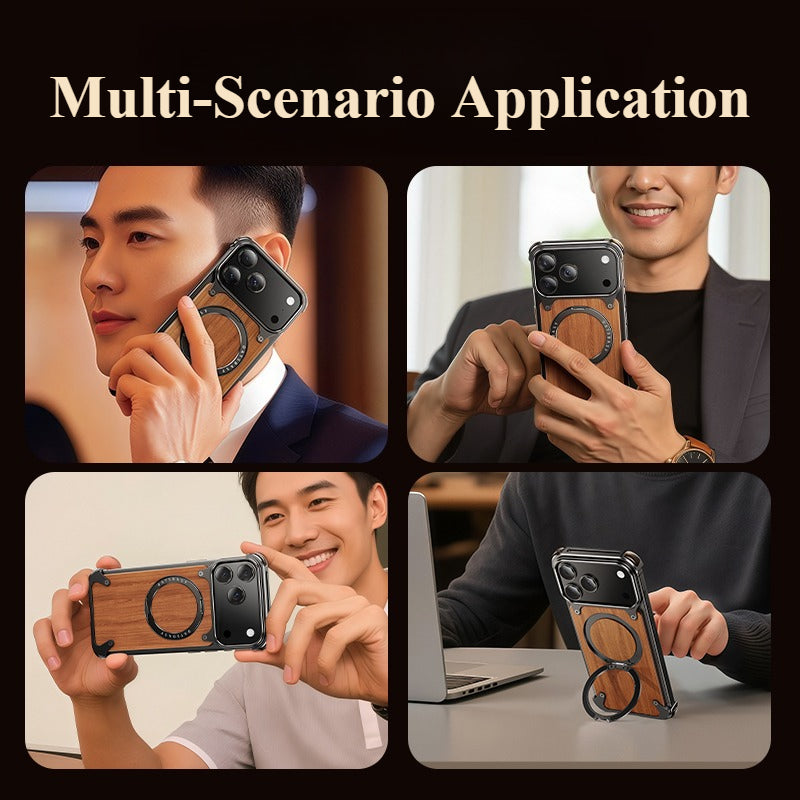 Oatsbasf MagSafe Pivot Ring Stand Air Cushion Metal + Walnut Wood Back Case Cover