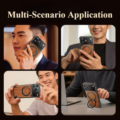 Oatsbasf MagSafe Pivot Ring Stand Air Cushion Metal + Walnut Wood Back Case Cover