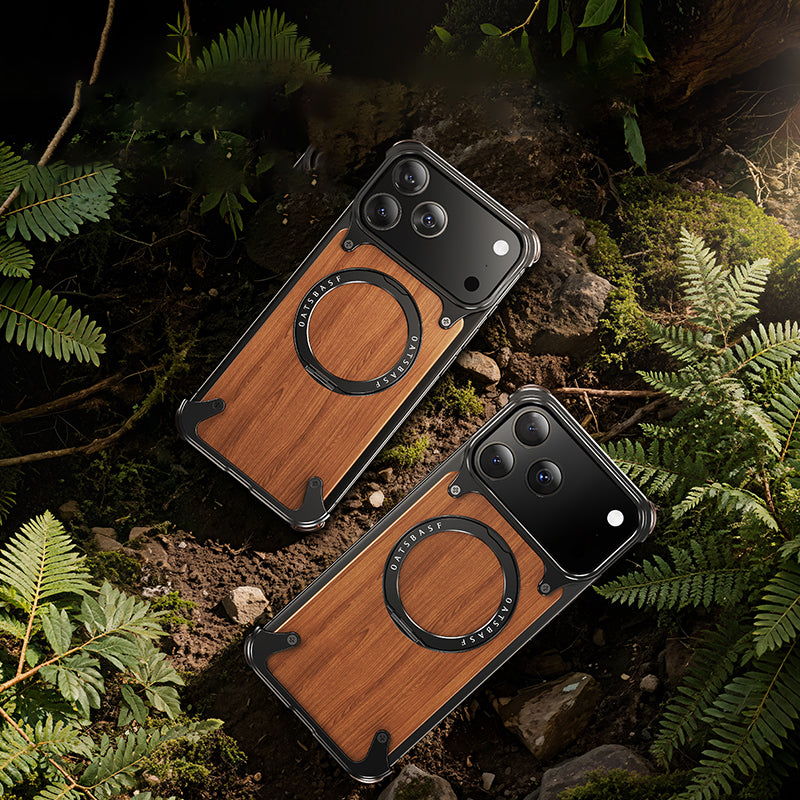 Oatsbasf MagSafe Pivot Ring Stand Air Cushion Metal + Walnut Wood Back Case Cover