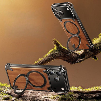 Oatsbasf MagSafe Pivot Ring Stand Air Cushion Metal + Walnut Wood Back Case Cover