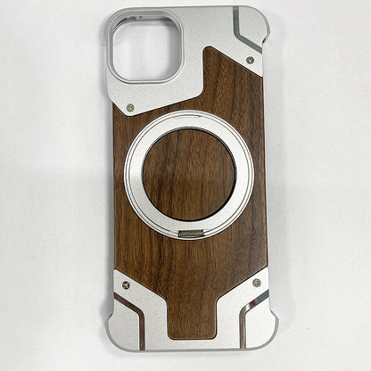 Armor King Bezel-less Armature MagSafe Pivot Ring Stand Metal + Walnut Wood Case Cover