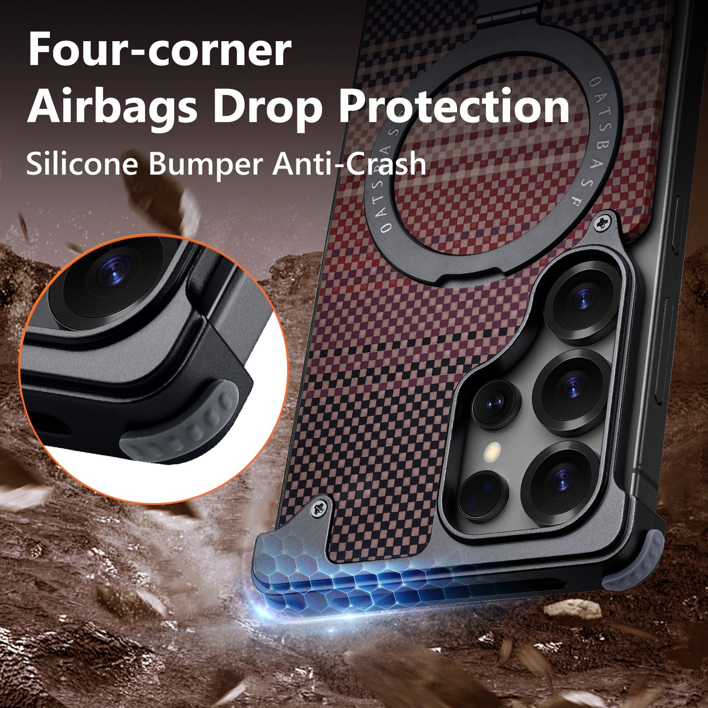 Oatsbasf MagSafe Pivot Ring Stand Air Cushion Artistic Carbon Fiber Texture Back Metal Case Cover