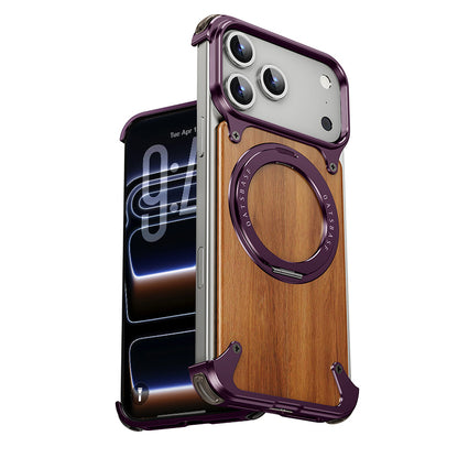 Oatsbasf MagSafe Pivot Ring Stand Air Cushion Metal + Walnut Wood Back Case Cover