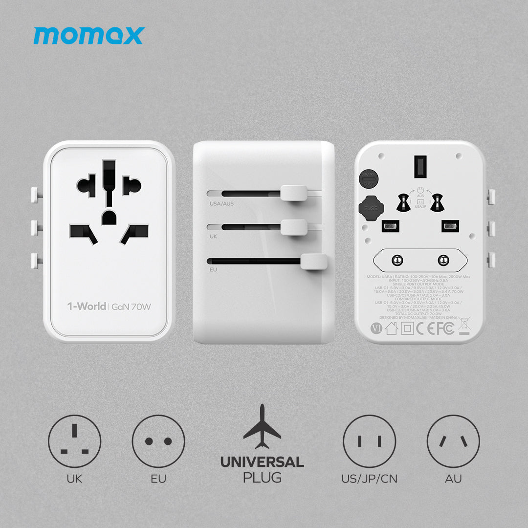 MOMAX 1-World PD 70W GaN 5-Port + AC Charger Universal Travel Adapter