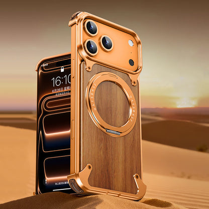 Oatsbasf MagSafe Pivot Ring Stand Air Cushion Metal + Walnut Wood Back Case Cover