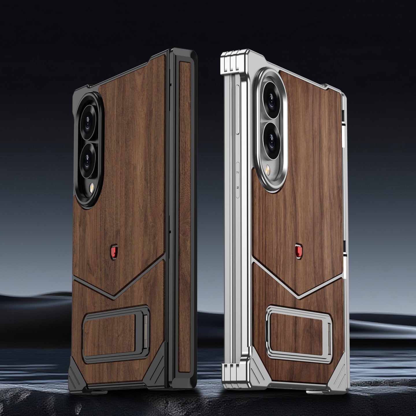 Armor King Hypercar MagSafe Pivot Ring Stand Elastic Buckle Metal+Walnut Texture Back Case Cover