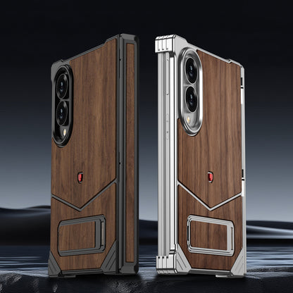 Armor King Hypercar MagSafe Pivot Ring Stand Elastic Buckle Metal+Walnut Texture Back Case Cover