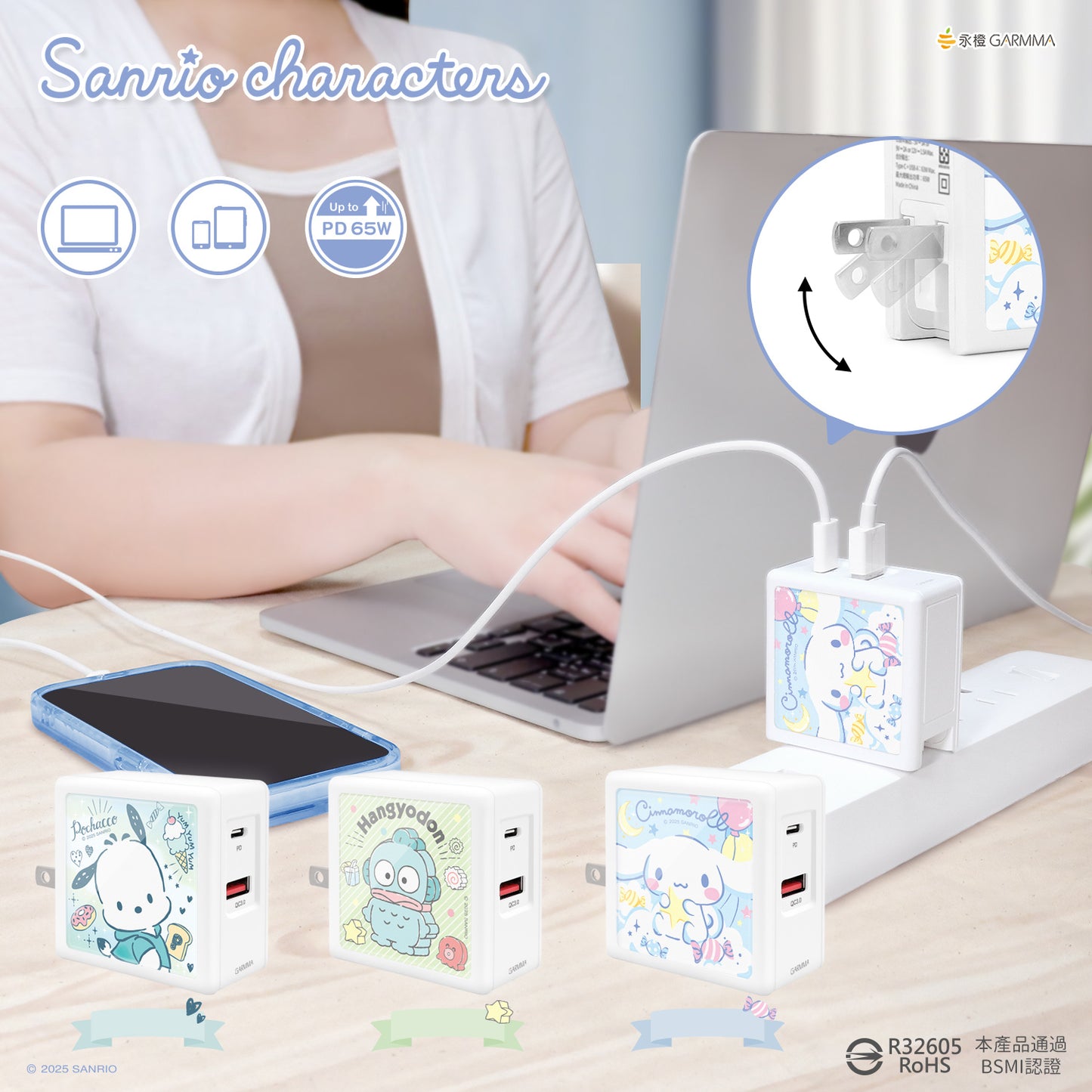 GARMMA Sanrio Characters Dual Ports GaN 65W PD Fast Charger