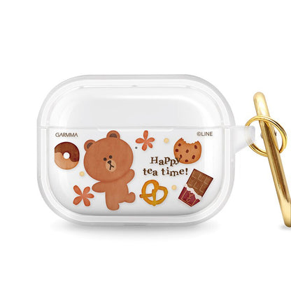 GARMMA Line Friends Happy Tea Time Apple AirPods Pro 2/1 & AirPods 3/2/1 Charging Case Cover with Carabiner Clip