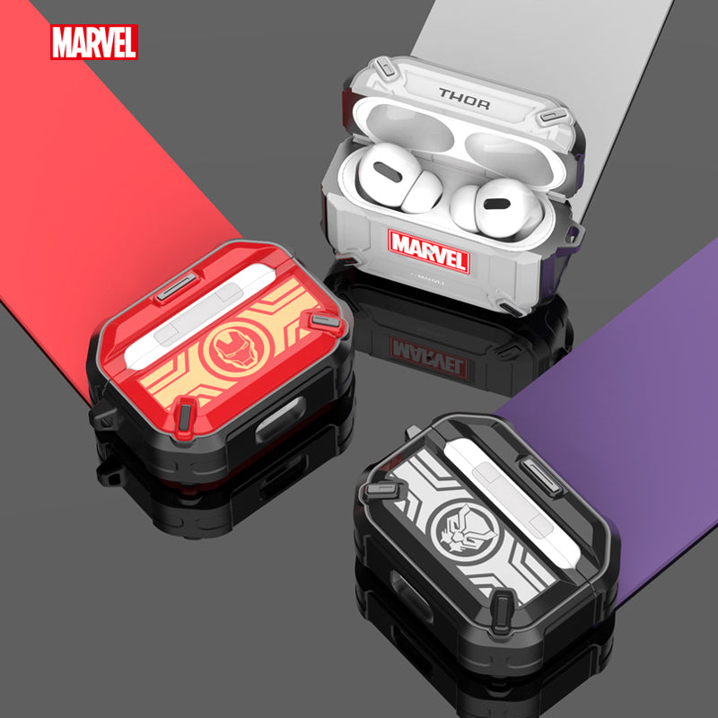 Marvel Avengers Mecha Shockproof Apple AirPods Pro/3/2/1 Charging Case Cover with Carabiner Clip