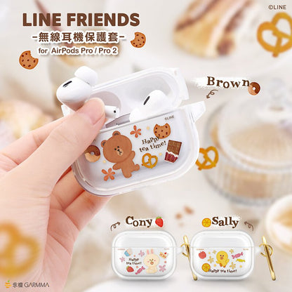 GARMMA Line Friends Happy Tea Time Apple AirPods Pro 2/1 & AirPods 3/2/1 Charging Case Cover with Carabiner Clip