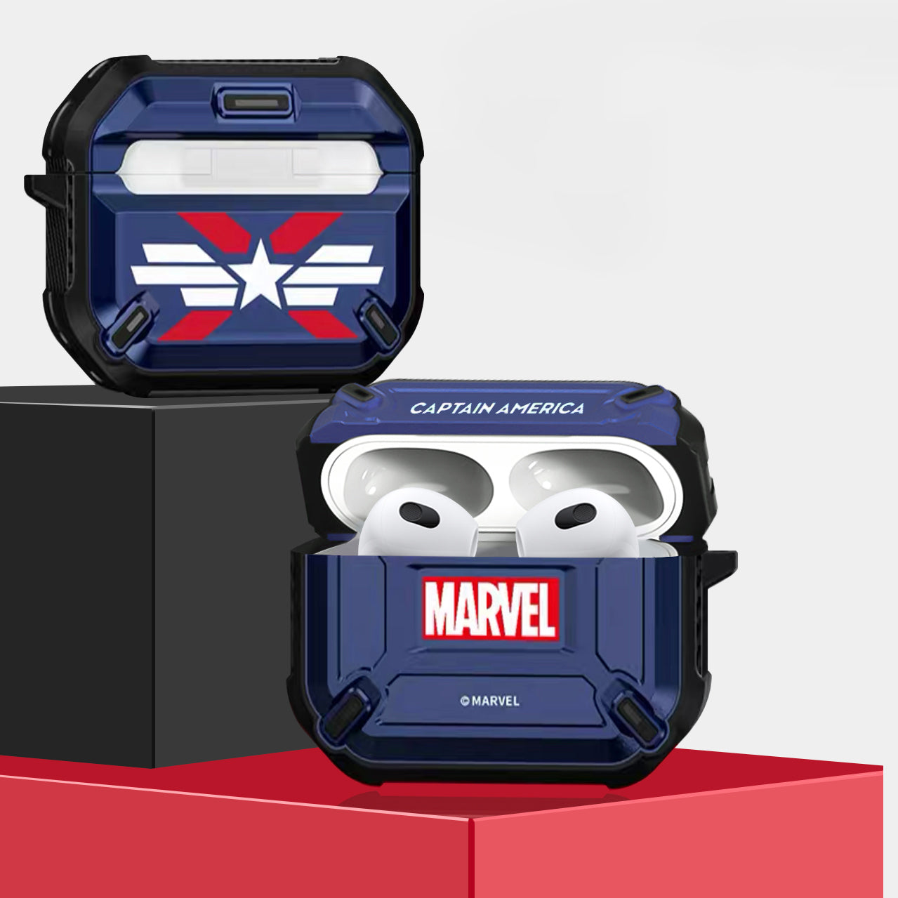 Marvel Avengers Mecha Shockproof Apple AirPods Pro/3/2/1 Charging Case Cover with Carabiner Clip