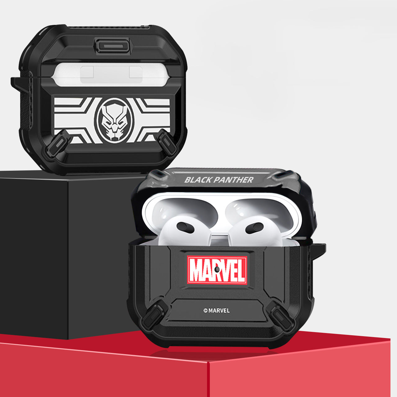 Marvel Avengers Mecha Shockproof Apple AirPods Pro/3/2/1 Charging Case Cover with Carabiner Clip