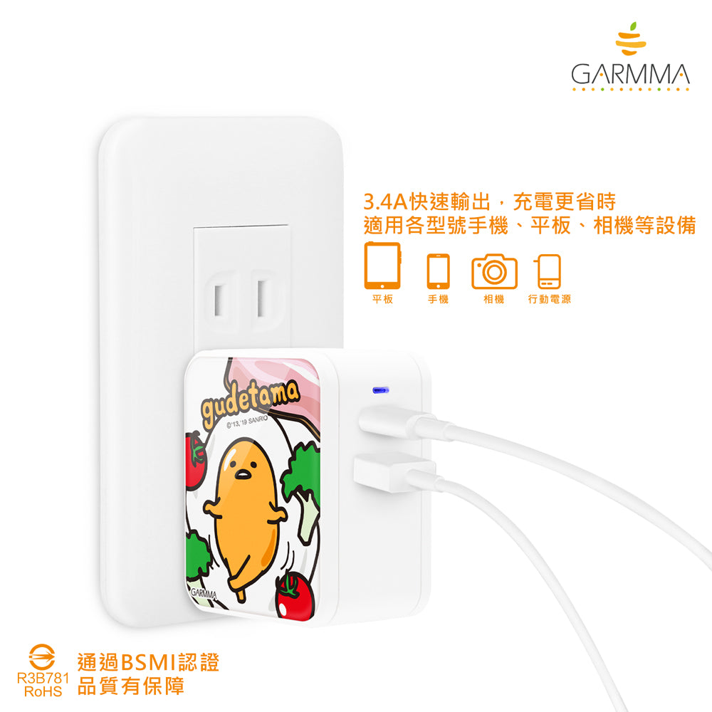 GARMMA Sanrio Characters Type-C+USB 3.4A Quick Charge Foldable Travel Charger