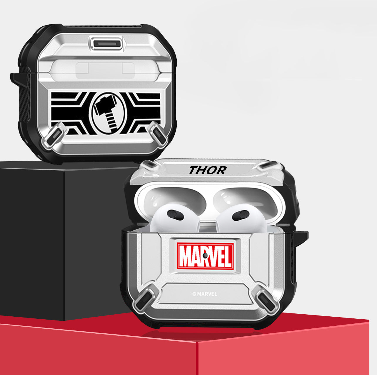 Marvel Avengers Mecha Shockproof Apple AirPods Pro/3/2/1 Charging Case Cover with Carabiner Clip